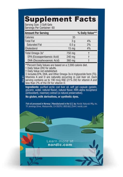 Arctic Cod Liver Oil ingredients Soft Gels by Nordic Naturals