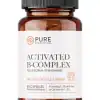 Pure Prescriptions Activated B-Complex supplement bottle, 60 capsules, full spectrum of B-vitamins featuring L-Methylfolate as Quatrefolic and B12, professional grade dietary supplement in amber glass bottle with black cap.