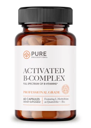 Pure Prescriptions Activated B-Complex supplement bottle, 60 capsules, full spectrum of B-vitamins featuring L-Methylfolate as Quatrefolic and B12, professional grade dietary supplement in amber glass bottle with black cap.