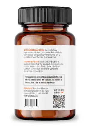 Pure Prescriptions Activated B-Complex side panel showing dosage recommendations, tamper evident notice, distributor information, barcode, and QR code