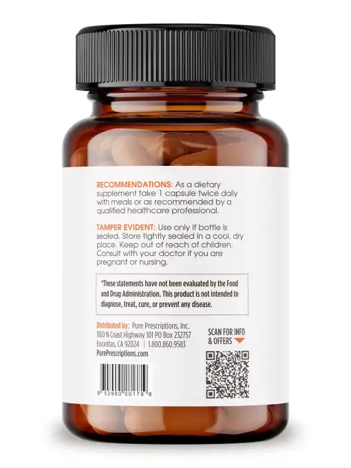 Pure Prescriptions Activated B-Complex side panel showing dosage recommendations, tamper evident notice, distributor information, barcode, and QR code