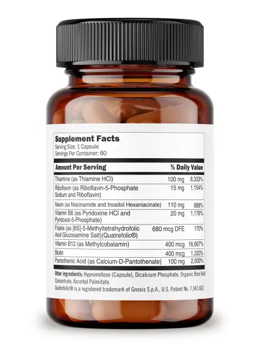 Pure Prescriptions Activated B-Complex supplement facts panel listing Thiamine, Riboflavin, Niacin, Vitamin B6, Folate as Quatrefolic, Vitamin B12, Biotin, and Pantothenic Acid with daily values.