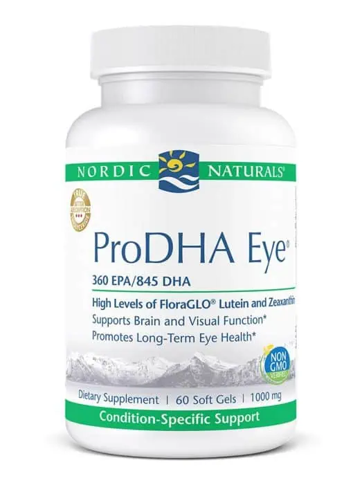 ProDHA Eye supplement facts with lutein, zeaxanthin, and omega-3s for eye and brain health