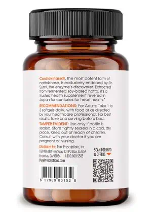 Cardiokinase Nattokinase supplement – left side label view – supports heart health and healthy circulation – Pure Prescriptions