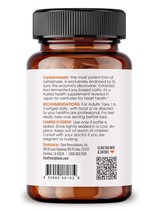Cardiokinase Nattokinase supplement – left side label view – supports heart health and healthy circulation – Pure Prescriptions