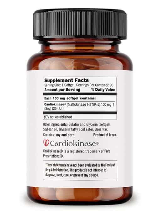 Cardiokinase Nattokinase supplement – right side label view – promotes cardiovascular function and blood flow – Pure Prescriptions