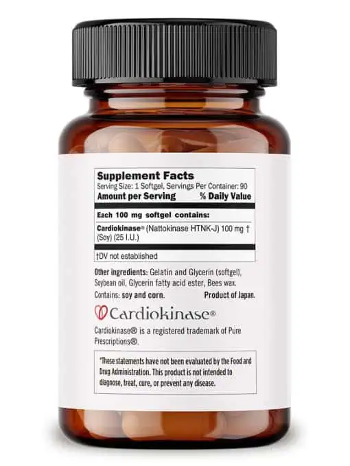 Cardiokinase Nattokinase supplement – right side label view – promotes cardiovascular function and blood flow – Pure Prescriptions