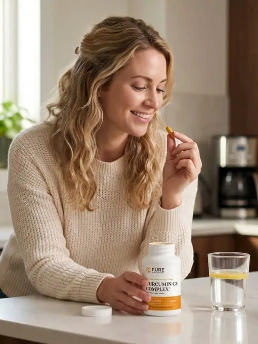 Woman in her kitchen taking Curcumin anti-inflammatory formula.