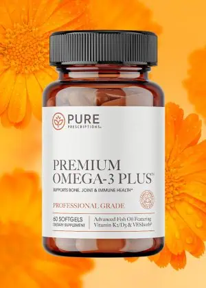 Premium Omega-3 Plus against a background of flowers.