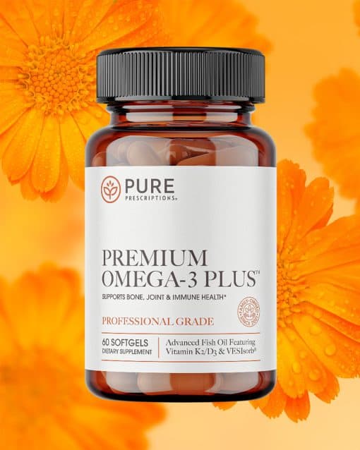 Premium Omega-3 Plus against a background of flowers.