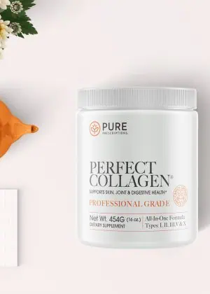 Perfect Collagen with cup of tea and flowers.