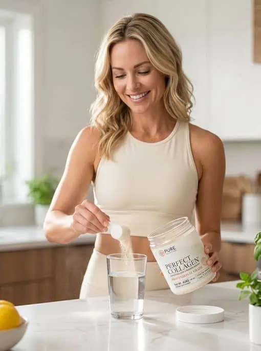 Woman in a cream athletic top scooping Perfect Collagen® Professional Grade powder into a glass of water in a bright, modern kitchen.