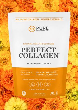 Perfect Collagen pouch against a bed of flowers.