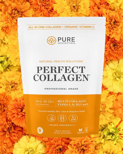 Perfect Collagen pouch against a bed of flowers.