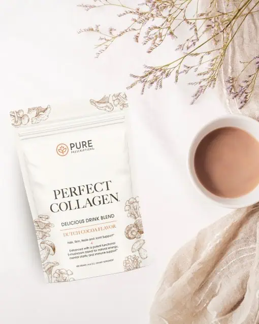 Perfect Collagen Dutch Cocoa Powder Mushroom blend with a cup of hot cocoa.