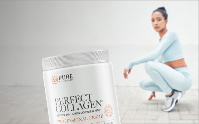 Athletic woman standing in background with Perfect Collagen canister in foreground.