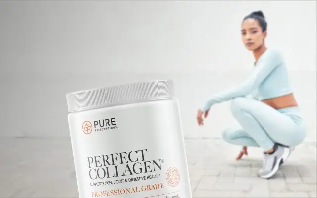 Athletic woman standing in background with Perfect Collagen canister in foreground.