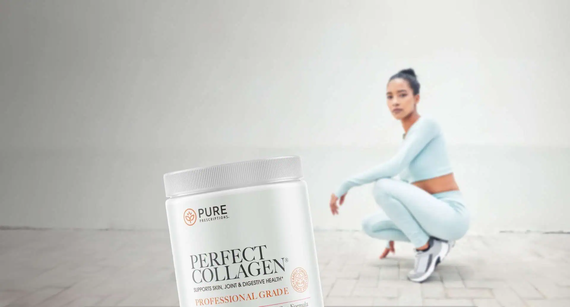 Athletic woman standing in background with Perfect Collagen canister in foreground.