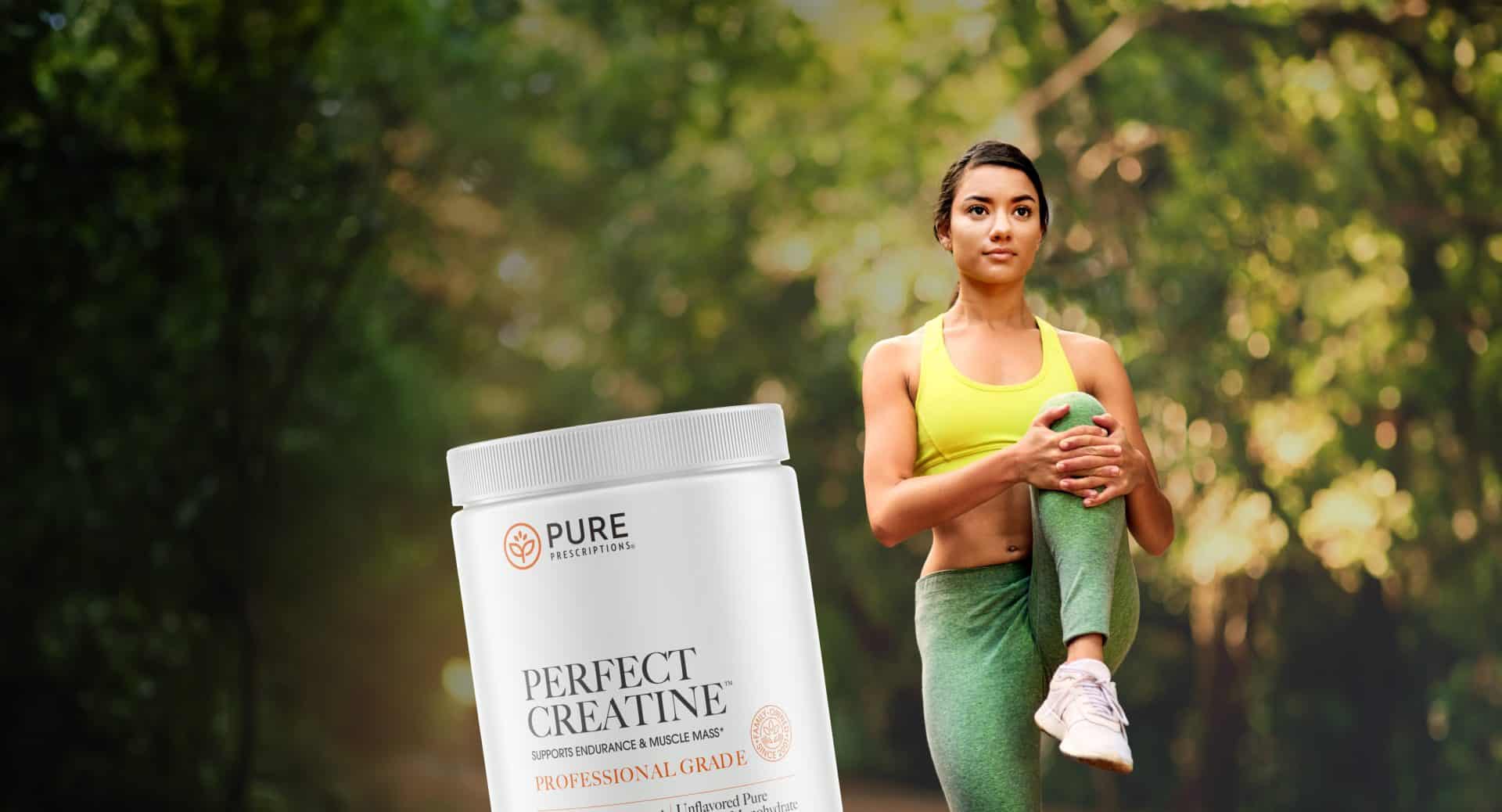 Athletic woman in background with Perfect Creatine canister in foreground.