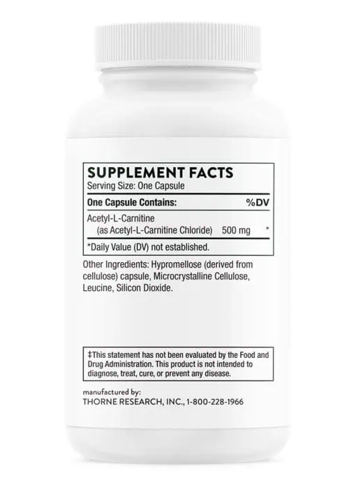 Thorne Carnityl (60 Capsules) - 500mg Acetyl-L-Carnitine supplement for brain, nerve, and mitochondrial support.