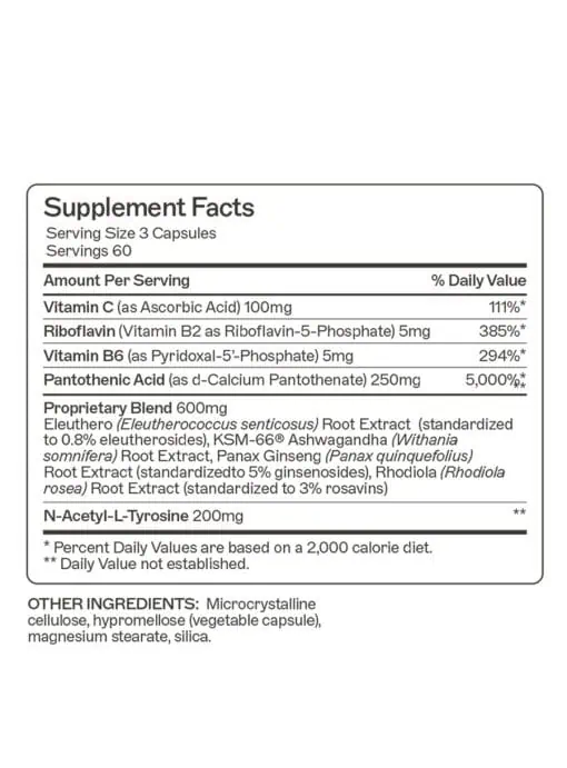 Adrenal Support Contains micronutrient-building blocks of adrenal hormones to promote a balanced stress response