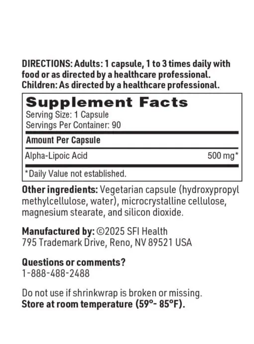 SFI Health Alpha-Lipoic Acid - 500 mg ALA antioxidant supplement for liver and neurological health.