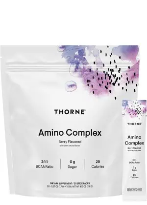 Thorne Amino Complex (30 Berry Stick Packs) - NSF Certified EAA and BCAA powder for muscle recovery and performance.