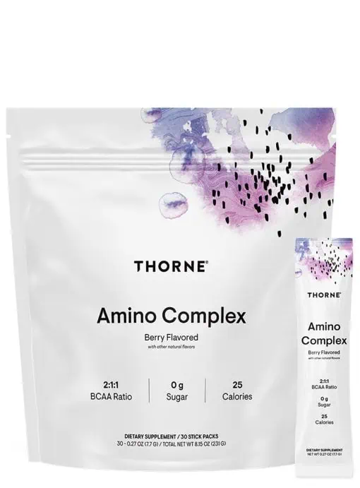 Thorne Amino Complex (30 Berry Stick Packs) - NSF Certified EAA and BCAA powder for muscle recovery and performance.