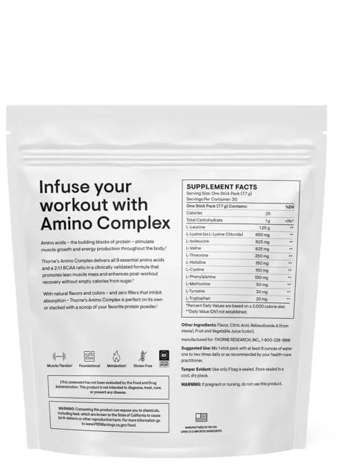Thorne Amino Complex (30 Berry Stick Packs) - NSF Certified EAA and BCAA powder for muscle recovery and performance.