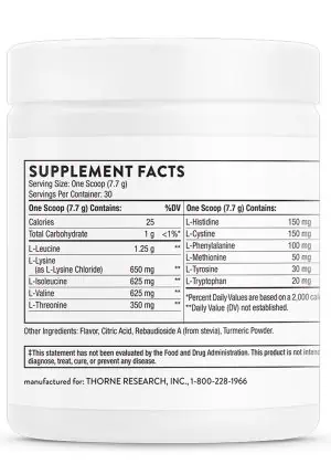 Thorne Amino Complex Lemon - NSF Certified EAA and BCAA powder for muscle recovery and performance.