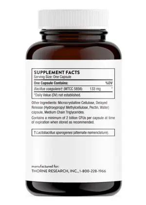 Thorne Bacillus Coagulans (60 Capsules) - spore-based probiotic for digestive health and bloating relief.