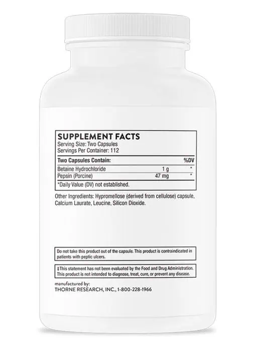 Thorne Betaine HCl & Pepsin - A supplement for stomach acid and protein digestion support.