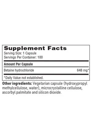 Betaine HCI - 648 mg of Betaine hydrochloride to support healthy stomach acidity.
