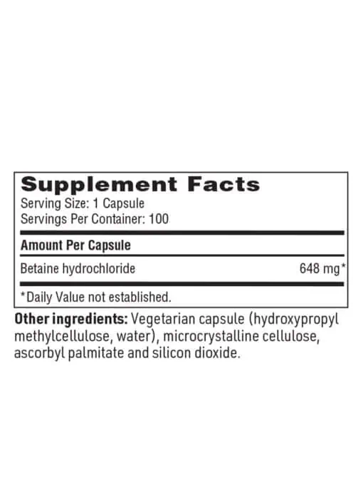 Betaine HCI - 648 mg of Betaine hydrochloride to support healthy stomach acidity.