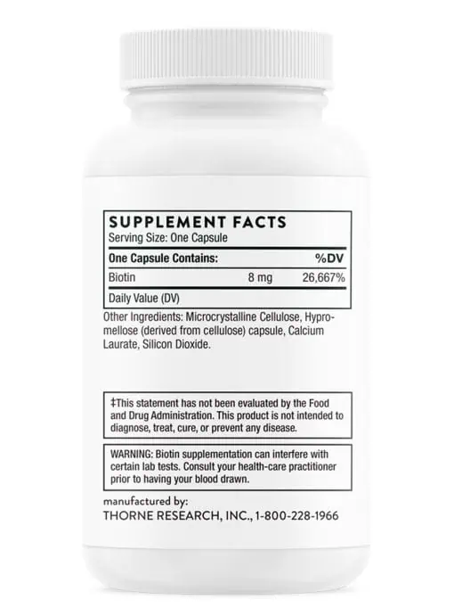 Thorne Biotin-8 (60 Capsules) - 8mg high-potency biotin supplement for healthy hair, skin, and nails.