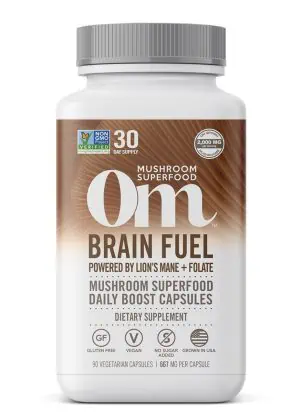 Om Brain Fuel Mushroom Superfood Capsules - with Lion's Mane, Reishi, and Folate for mental clarity.