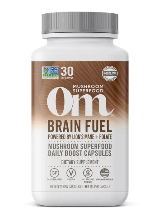 Om Brain Fuel Mushroom Superfood Capsules - with Lion's Mane, Reishi, and Folate for mental clarity.