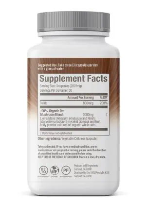 Om Brain Fuel Mushroom Superfood Capsules - with Lion's Mane, Reishi, and Folate for mental clarity.