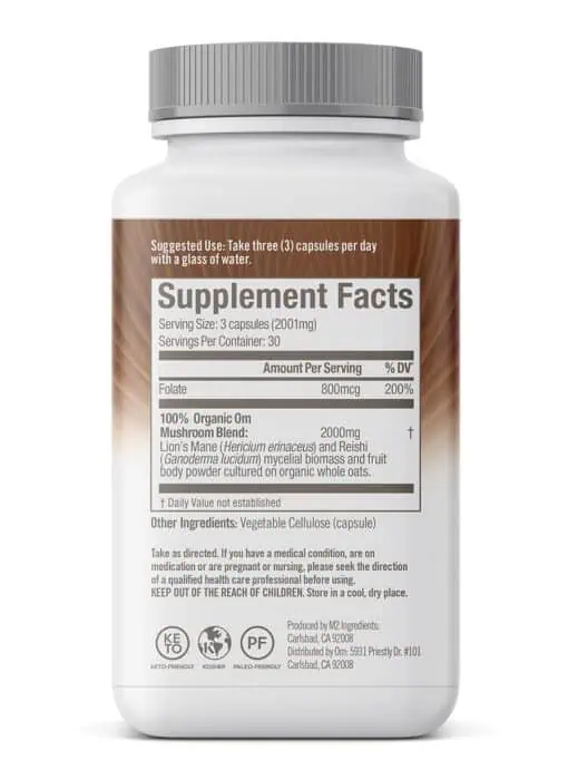 Om Brain Fuel Mushroom Superfood Capsules - with Lion's Mane, Reishi, and Folate for mental clarity.