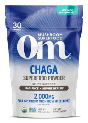 Om Organic Chaga Mushroom Powder - A superfood powder for antioxidant and immune support.
