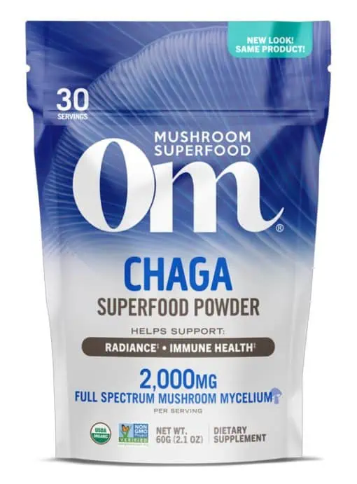Om Organic Chaga Mushroom Powder - A superfood powder for antioxidant and immune support.