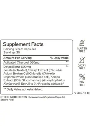 Charcoal Binder Complete This comprehensive blend combines naturally detoxifying activated coconut charcoal with a complex of minerals, fiber, and algae.