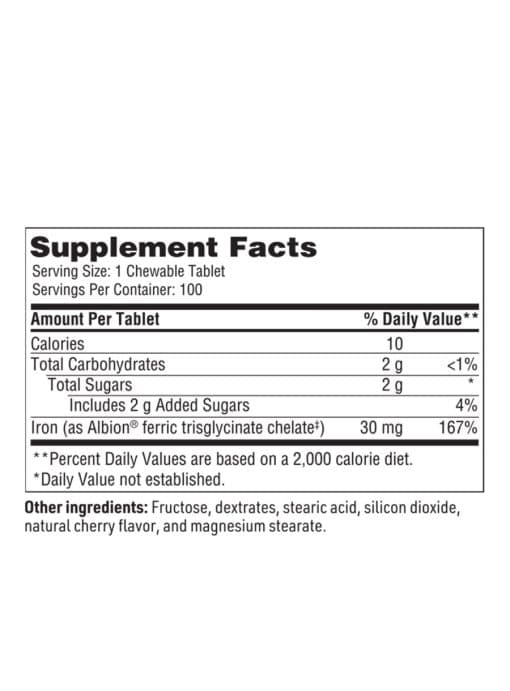 Chewable Iron Chelate - 30 mg of Ferrochel® chelated iron in a gentle, non-constipating formula.