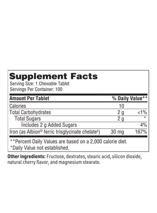 Chewable Iron Chelate - 30 mg of Ferrochel® chelated iron in a gentle, non-constipating formula.