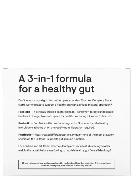 Thorne Complete Biotic - A 3-in-1 prebiotic, probiotic, and postbiotic powder for gut health.
