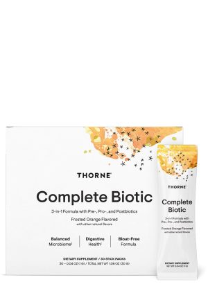 Thorne Complete Biotic - A 3-in-1 prebiotic, probiotic, and postbiotic powder for gut health.