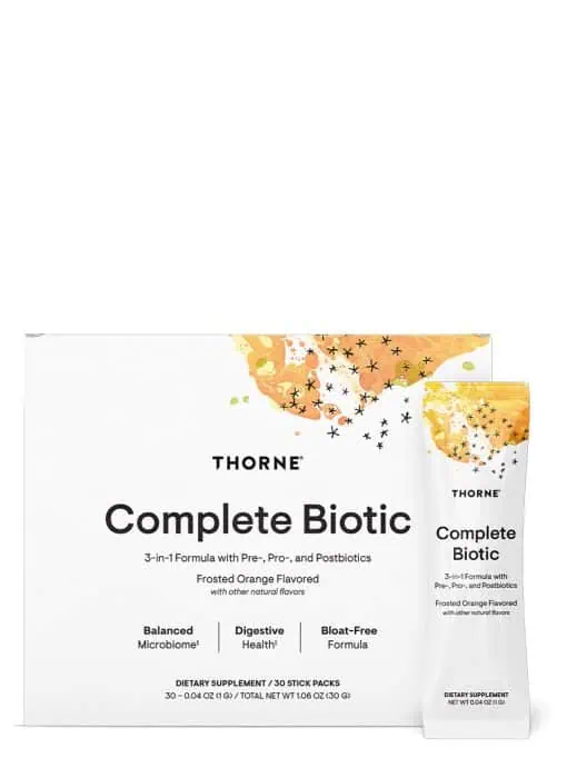 Thorne Complete Biotic - A 3-in-1 prebiotic, probiotic, and postbiotic powder for gut health.