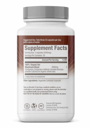 Om Organic Cordyceps Mushroom Superfood Capsules (90 count) - Supplement for energy, stamina, and oxygen uptake.