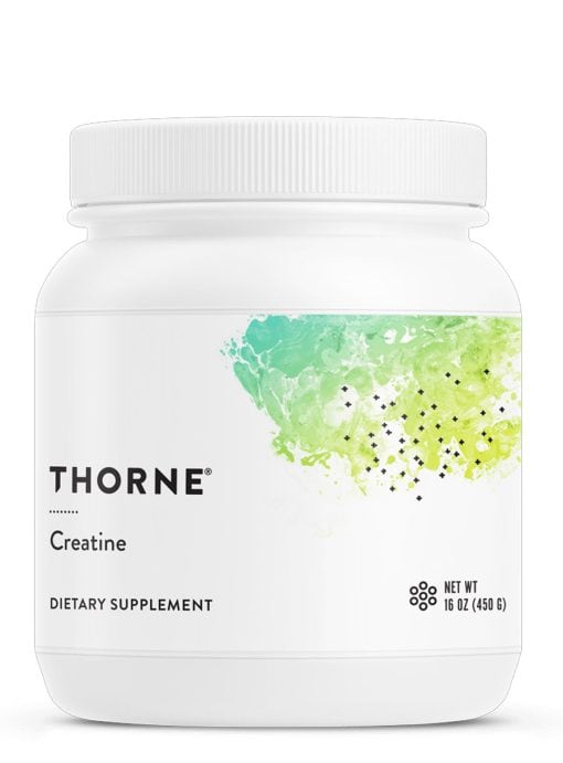 Thorne Creatine Monohydrate 90 and 180 Servings powder tub for muscle and cognitive support.