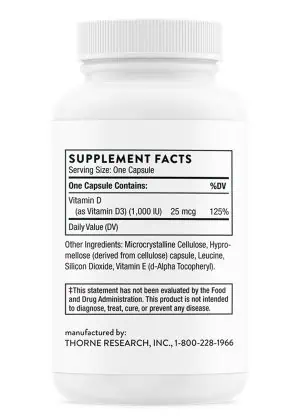 Thorne D-1,000 (90 Capsules) - Vitamin D3 1000 IU supplement for daily immune and bone support.